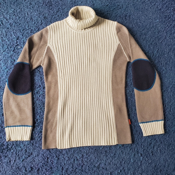 Hugo Boss Cream and Brown Turtleneck Sweater, with Elbow Patches, Size Small - Picture 1 of 7